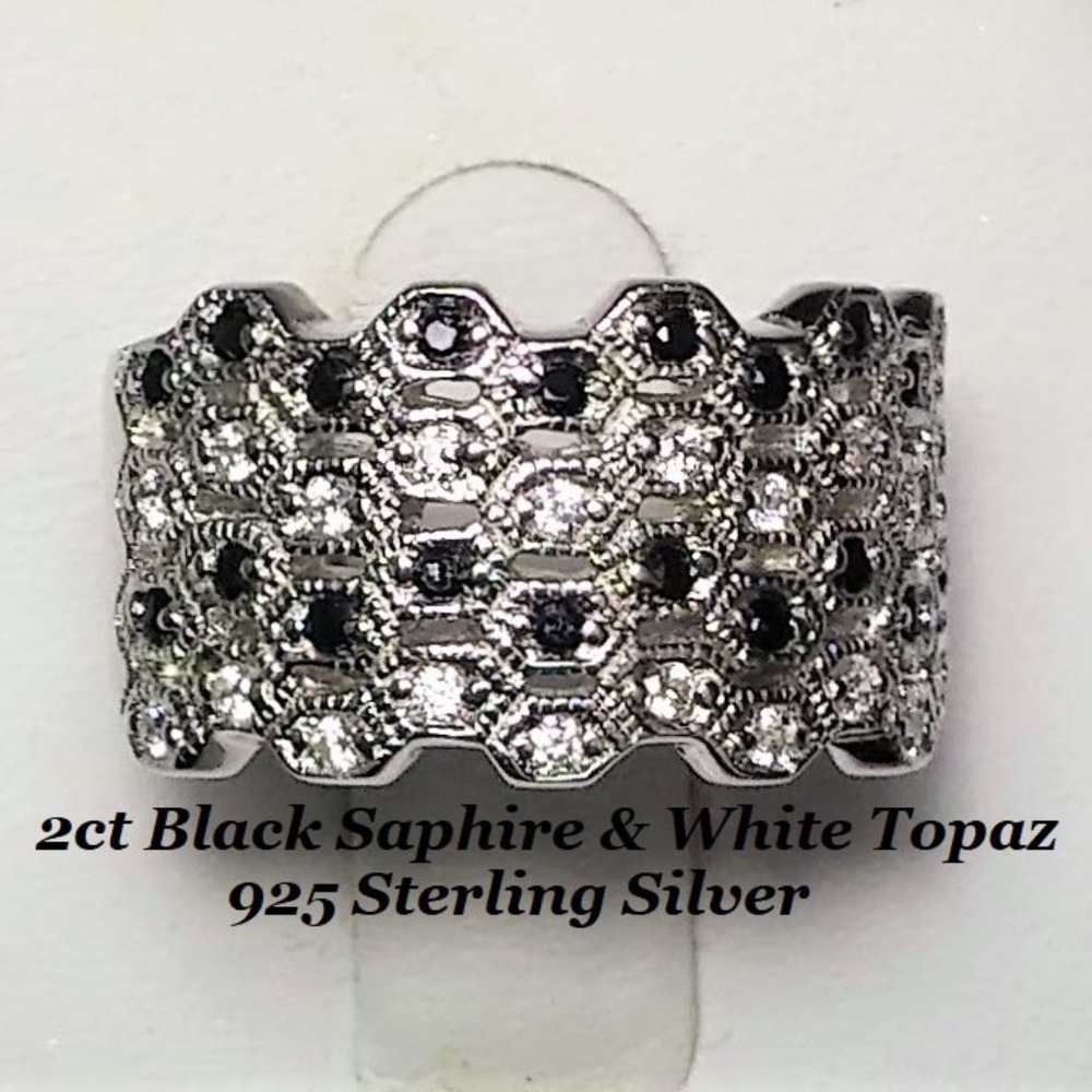 2ct Genuine Black Sapphire & White Topaz Ring sz 7